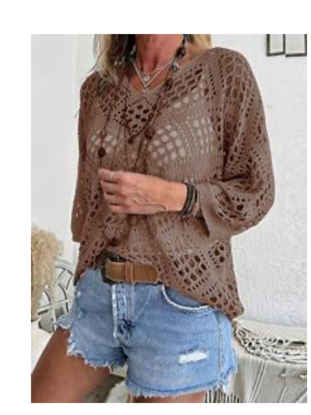Boho Crochet Knit Pullover Top in Brown